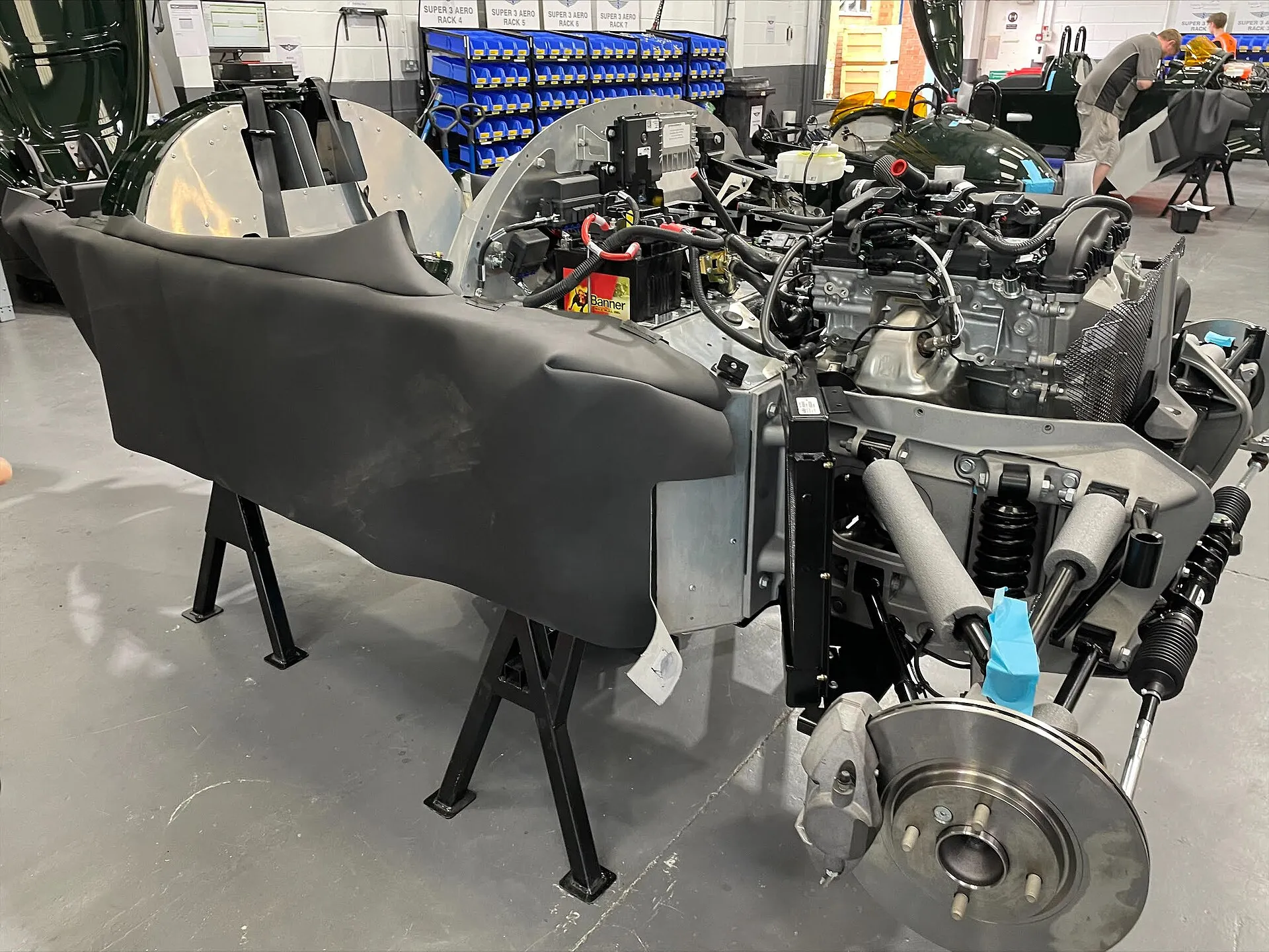 A Morgan Super 3 under construction in the factory, panels off