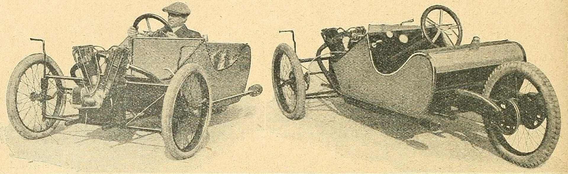 Two views of a low 1914 racing Morgan three-wheeler: from the front, with its air-cooled V-twin engine exposed and a driver in a cap, and from the rear, showing the long petrol tank and the straight exhaust pipes