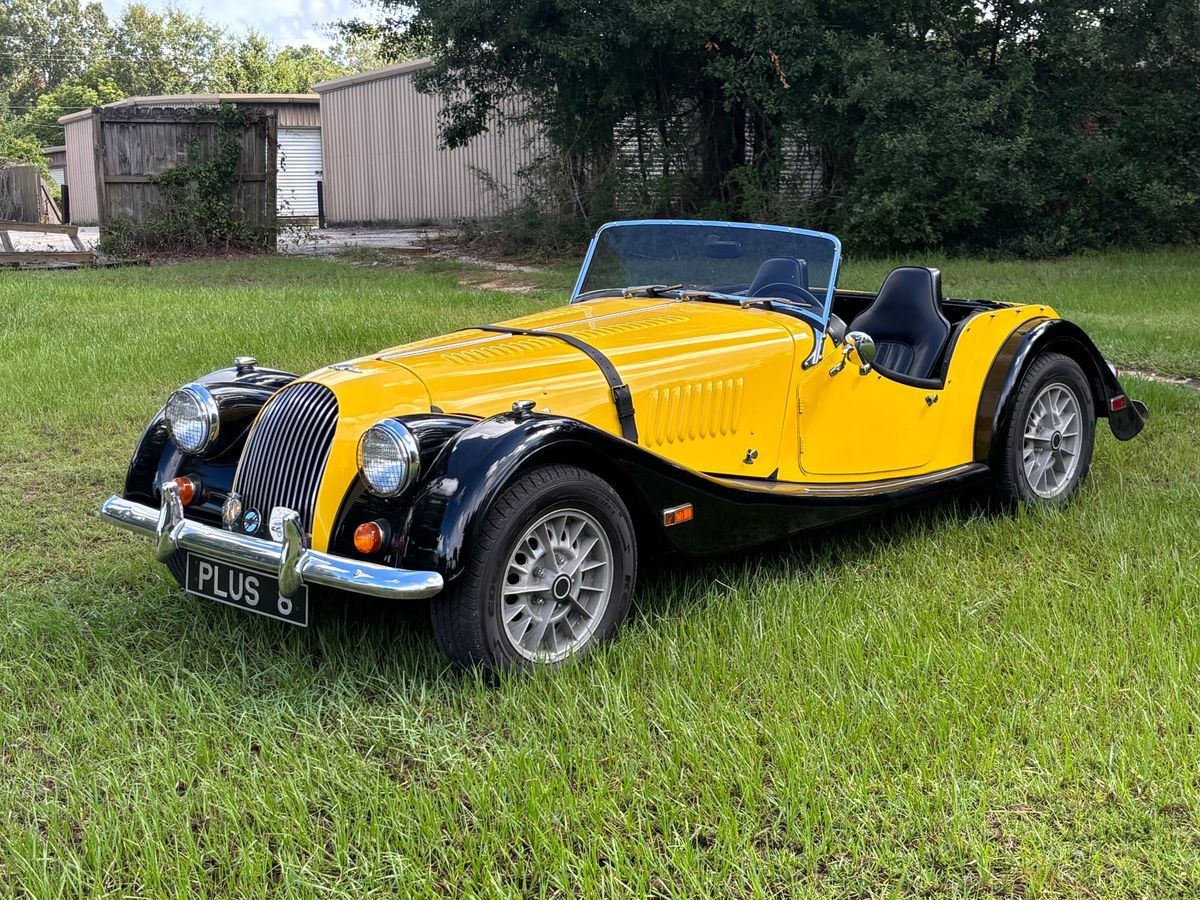The yellow and black 1971 Plus 8, top down, on grass, with a “PLUS 8” plate